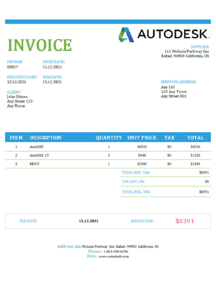 USA Autodesk invoice PSD template